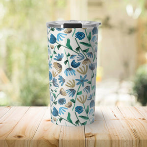 Blue Ink Floral Travel Coffee Mug